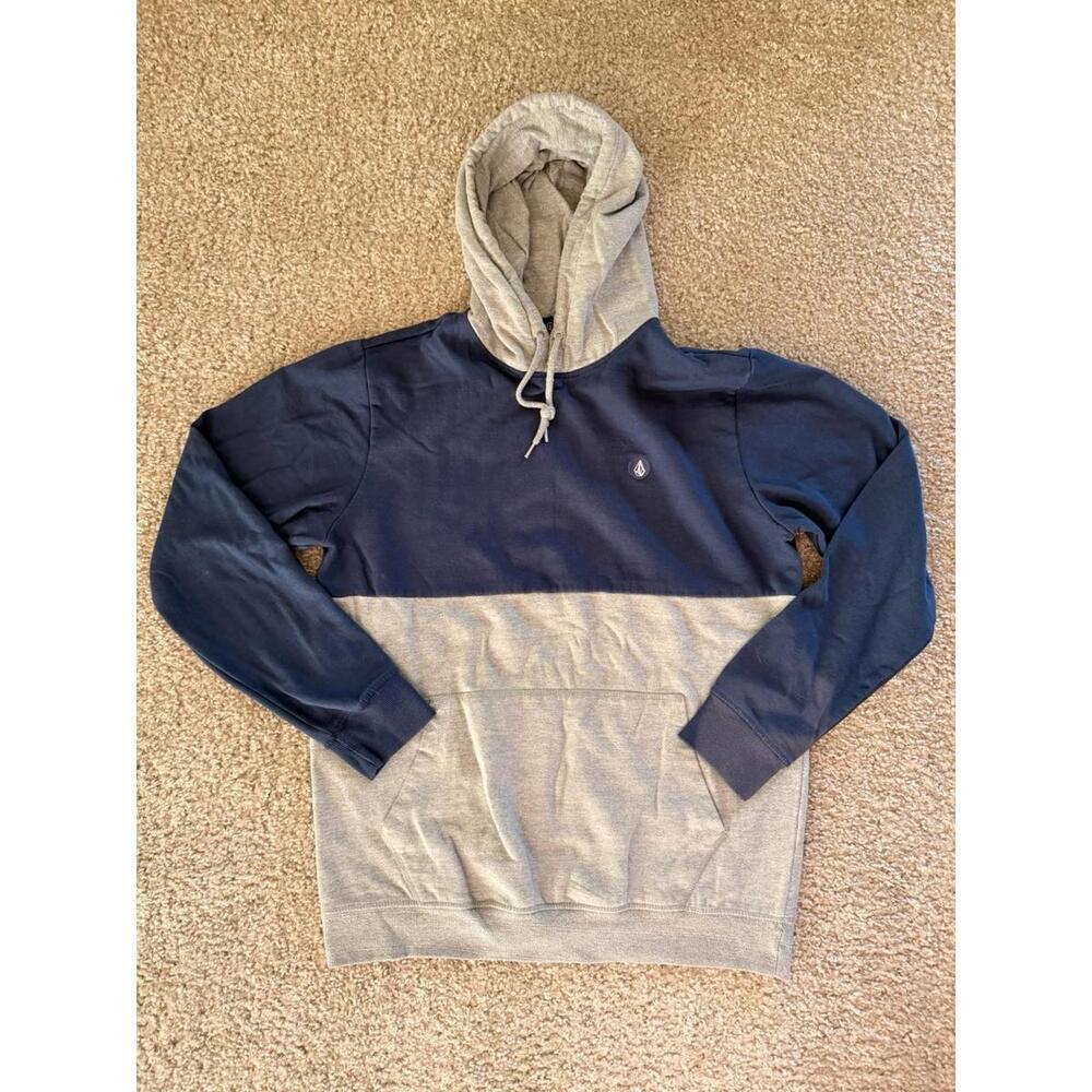 Volcom Mens Hoodie Large Colorblock Blue Gray Pullover Sweatshirt Cotton Blend L